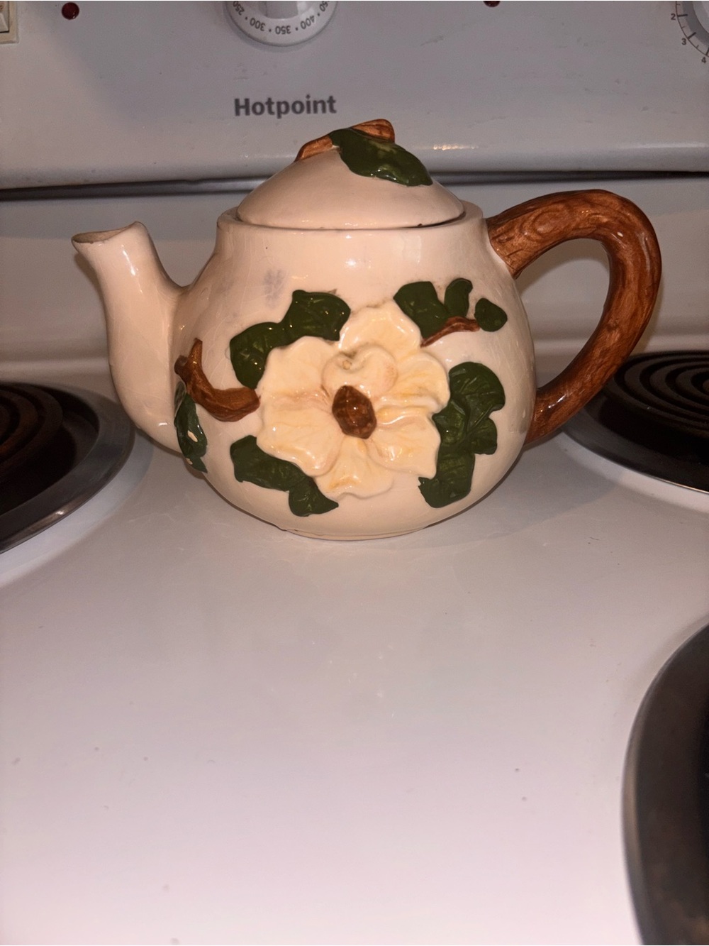 Ceramic Magnolia Flower Teapot - Cream with Green & Brown Accents